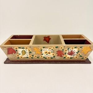 Kathy Hatch Hand Painted Wood Desk Organizer Fall Leaves Floral Autumn Caddy‎